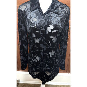 Maxime Y2K Blouse Black Velvet Burnout Romantic Sheer button up shirt Top M Goth